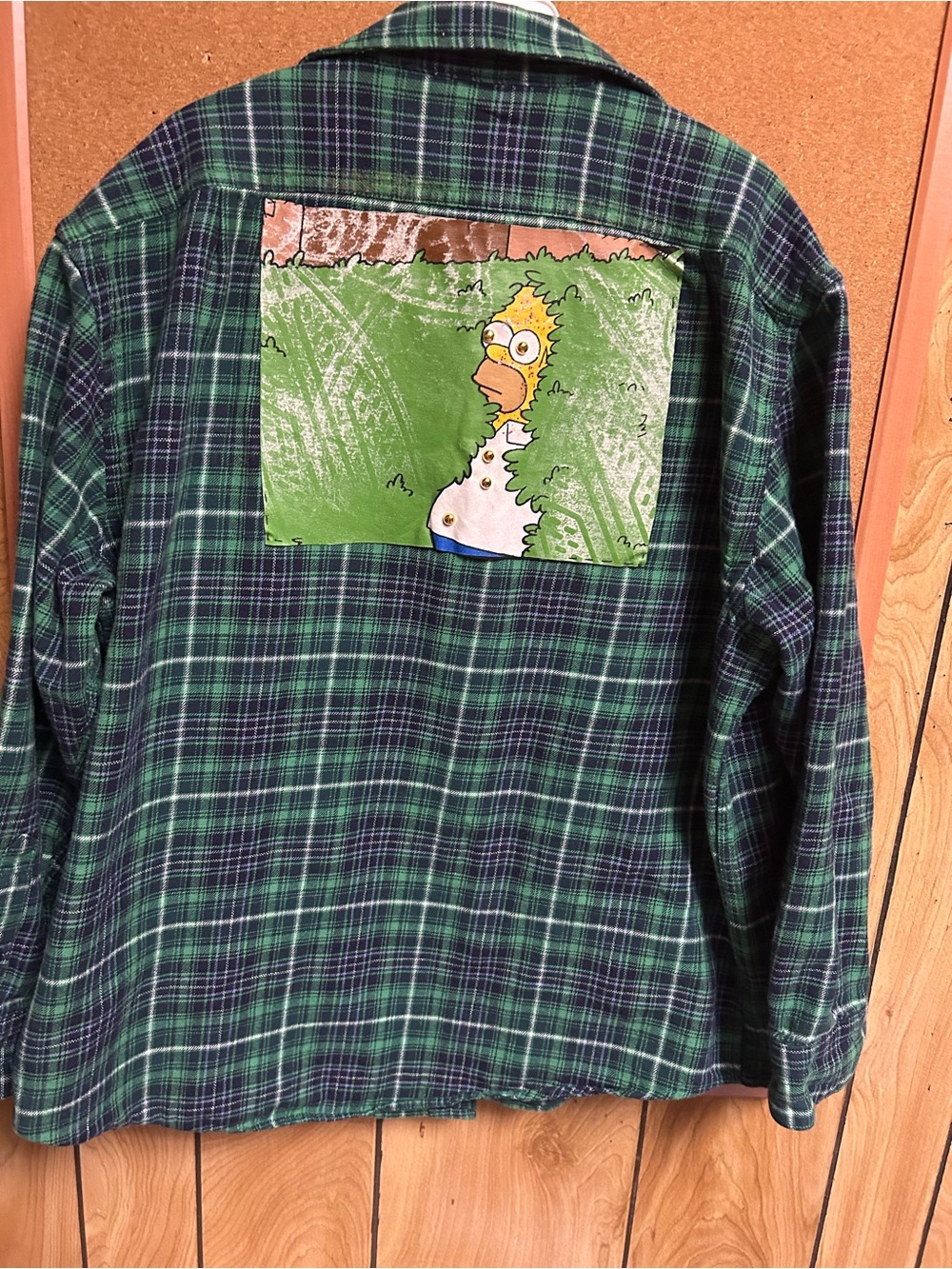 Green and Navy Plaid Flannel Shirt with A Homer  Simpson patch  on the back